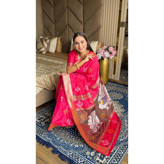 Elite Weaves Soft Silk Ikkat Patola Saree with Meenakari Motifs Peacock Pallu & Gold Zari Border Wedding Dresses Good Vibrations