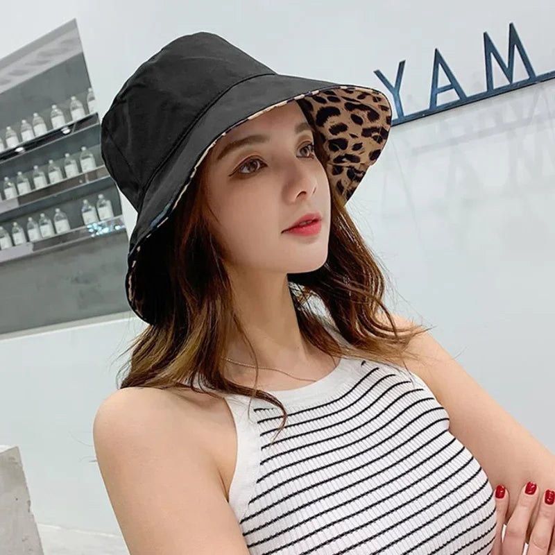 Flattop Ladies' Hat Street Women Leopard Print Bucket Comfortable Breathe Foldable Beach Flat Top Sun Fishing Hats for Women Good Vibrations