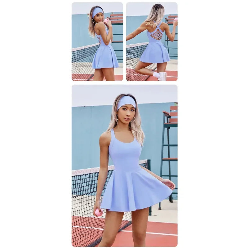 Women Tennis Dress One-Pieces Slim Fit Soft Sports Sets Golf Badminton Skorts Back Cross Tracksuits With Chest Pads Yoga Suits O Good Vibrations