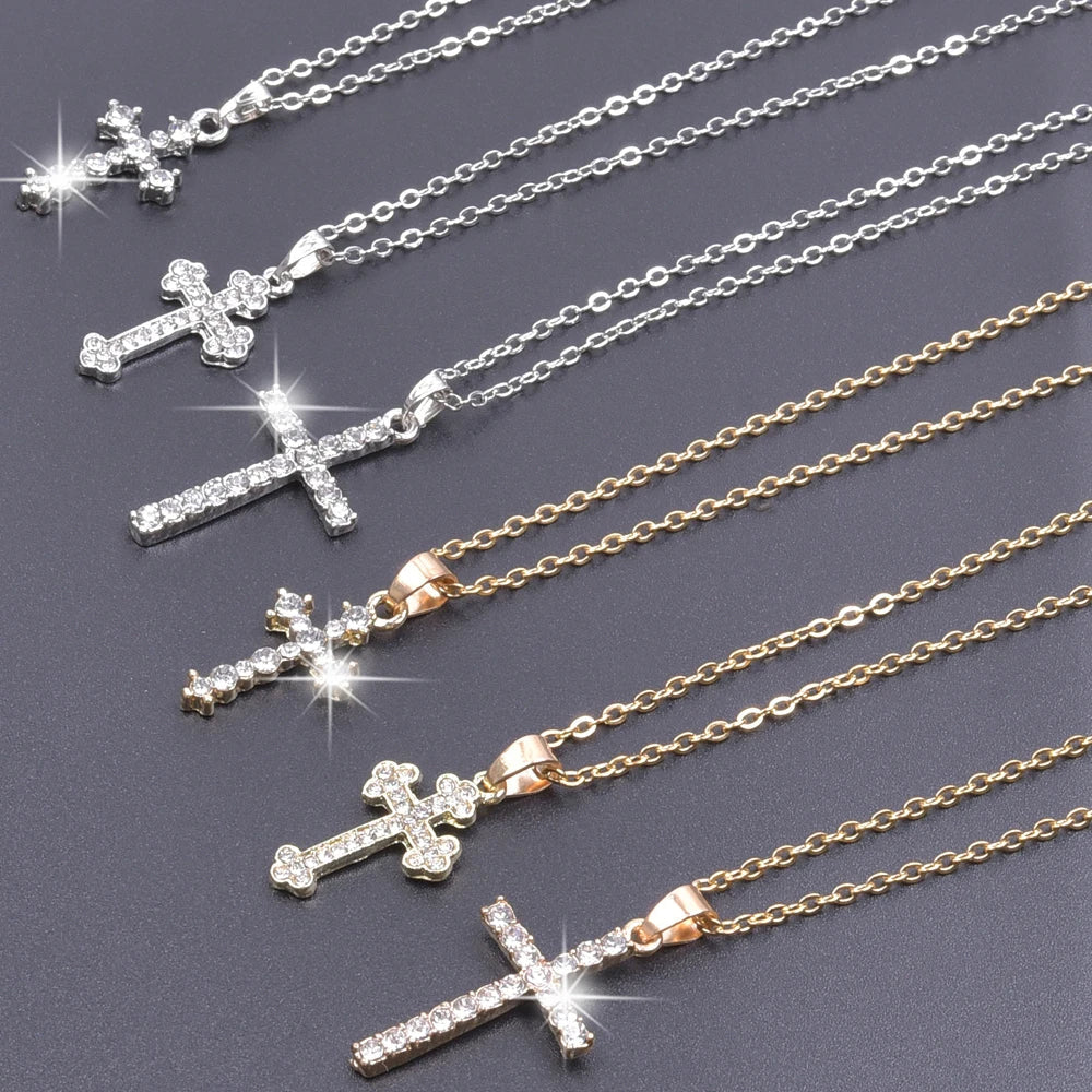 Cross Charm Necklace Crystal Pendant Necklaces For Women Men Accessories Rhinestone Christ Crosses Choker Gift Fashion Jewelry Good Vibrations