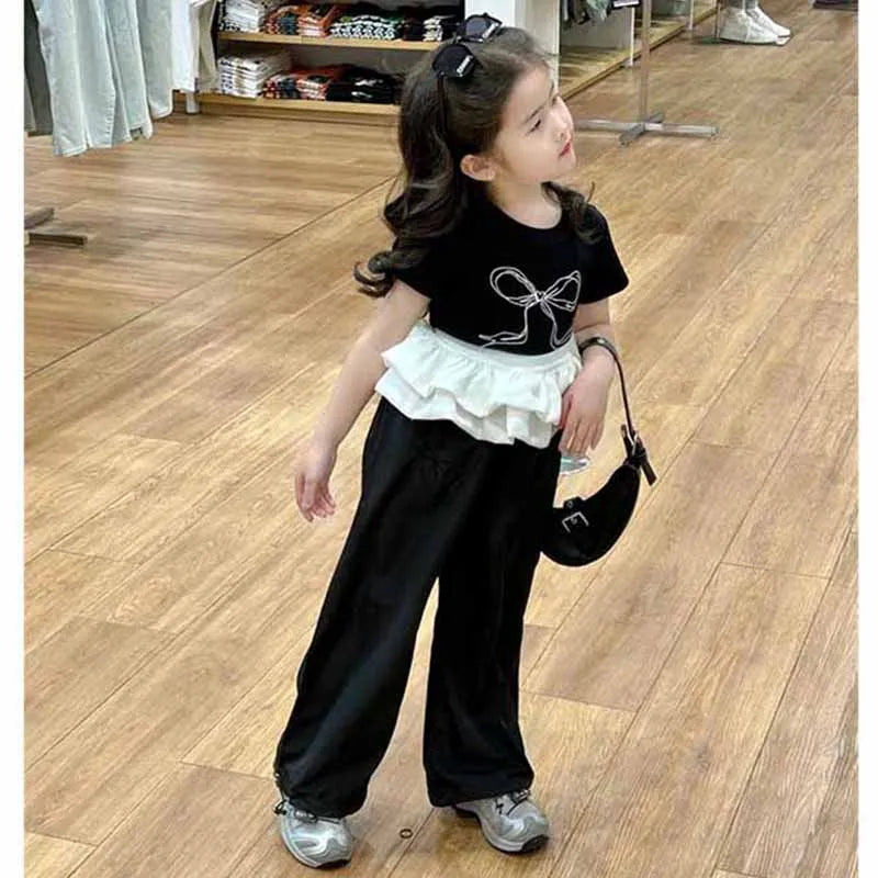 Girls Bow Clothing Sets Children's Fashion Tops Suit Baby Knotbow Short-Sleeve Tops+Pants 2Pcs New Summer Sweet Kids Clothes Good Vibrations