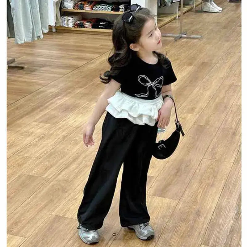 Girls Bow Clothing Sets Children's Fashion Tops Suit Baby Knotbow Short-Sleeve Tops+Pants 2Pcs New Summer Sweet Kids Clothes Good Vibrations