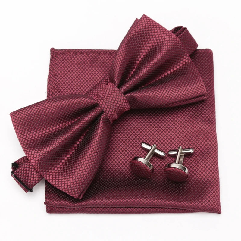 Men Bowtie Set 3pcs Plaids Classic Fashion Wedding Party Formal Cufflinks Bow Tie Handkerchief Cuff Links Lots Three Piece Set Good Vibrations