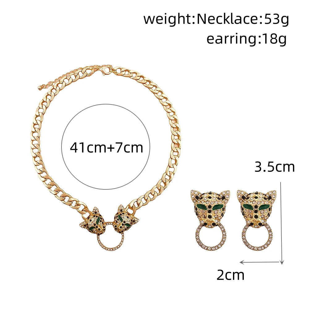 New Fashion Rhinestone Leopard Earring Necklace Jewelry Set for Women Party Punk Vintage Metal Animals Pendant Chains Necklace Good Vibrations