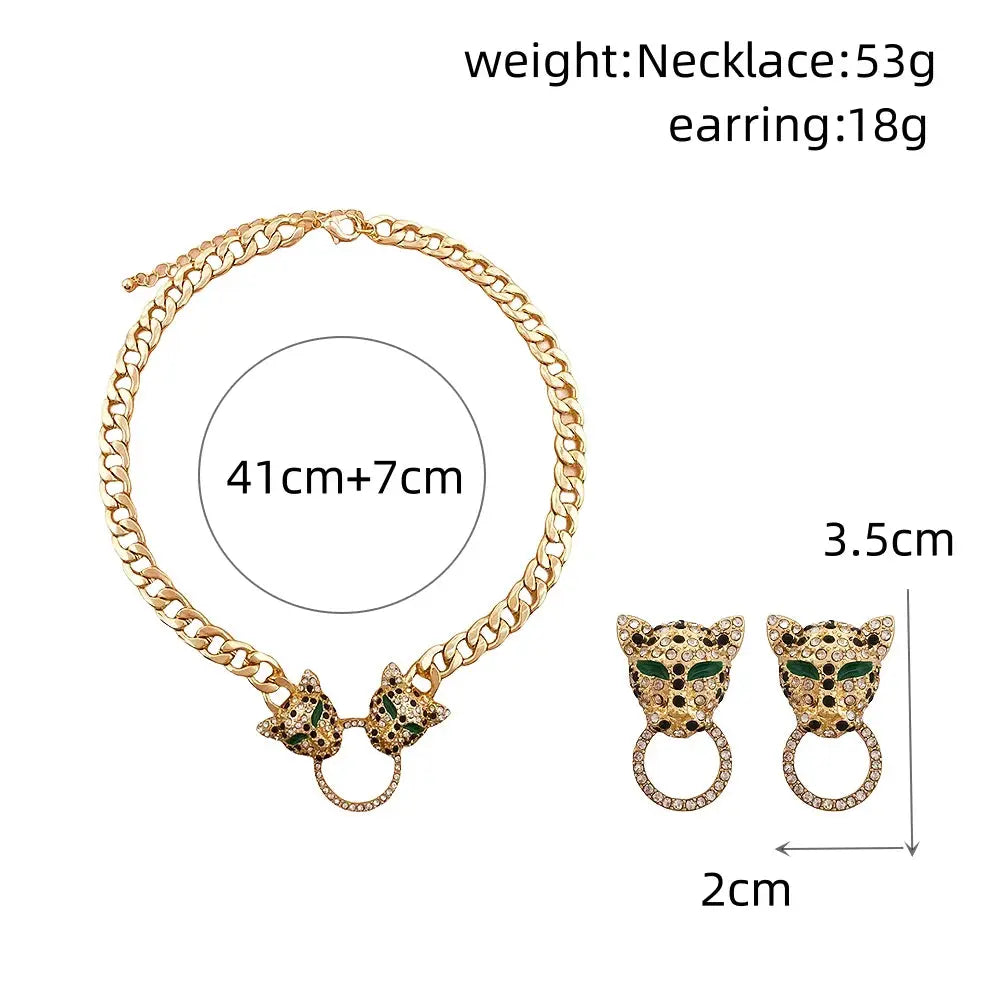 New Fashion Rhinestone Leopard Earring Necklace Jewelry Set for Women Party Punk Vintage Metal Animals Pendant Chains Necklace Good Vibrations