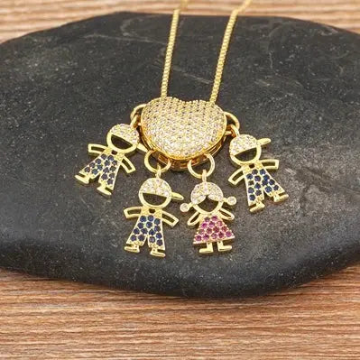 Nidin Fashion Hot Family Member Pendant Necklace Micro-Studded Zircon Love Heart Boy Girl Parent-Child Jewelry Mother's Day Gift Good Vibrations
