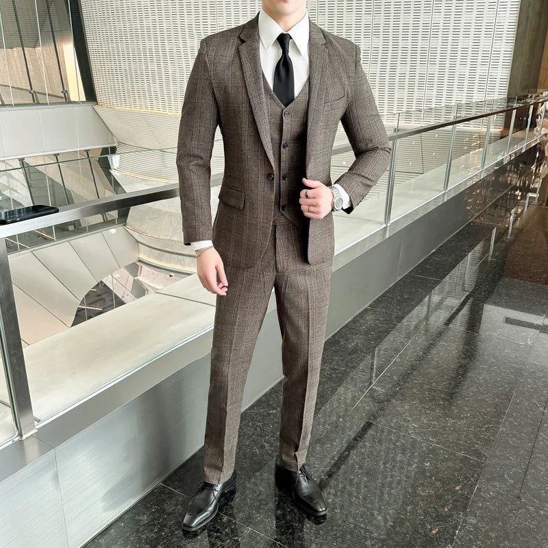 Quality Three-piece Suit Vest Trousers Set for Men Korean Fashion Slim Fit Business Casual Wedding Handsome Style