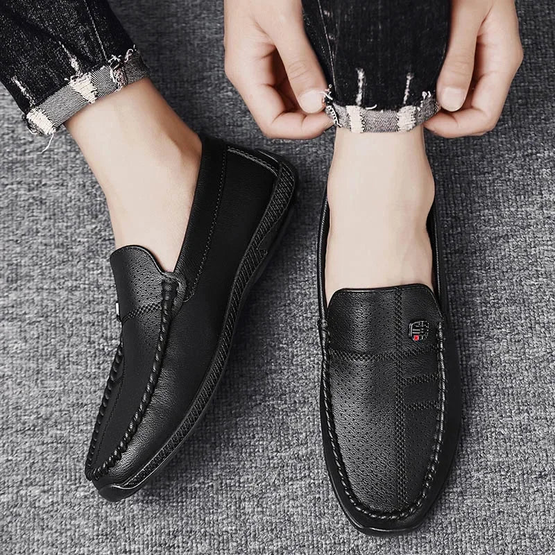 Fashion Leather Men Casual Shoes Slip on Italian Formal Loafers Luxury Brand Comfortable Men Soft Male Driving Shoes Moccasins Good Vibrations