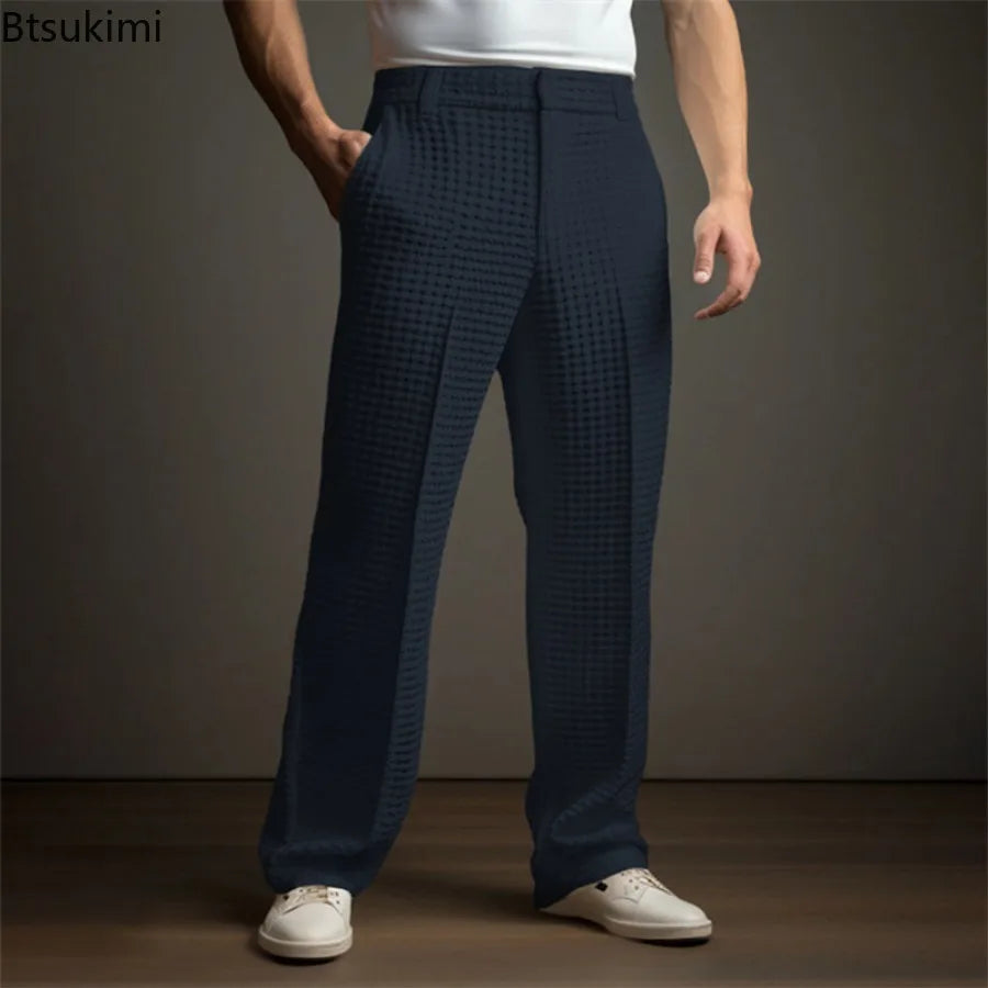 New 2025 Men's Elegant Waffle Suit Pants Solid Loose Straight Trousers Business Social Dress Pants Casual Vacation Pants for Men Good Vibrations