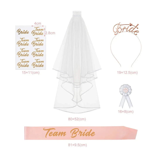 Bachelorette Party Bride To Be Accessory Set - Team Bride Headband Rose Gold Sash Badge & Veil Bridal Shower Celebration Kit Good Vibrations