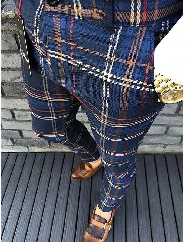 Suit Pant Men Long Pants Plaid Mid Waist Simple Slim Fit Zipper Splice Casual Regular Autumn Winter 2024 Straight Trousers Good Vibrations