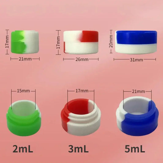 10PCS Silicone Containers in assorted colors and sizes, nonstick for oils and waxes.