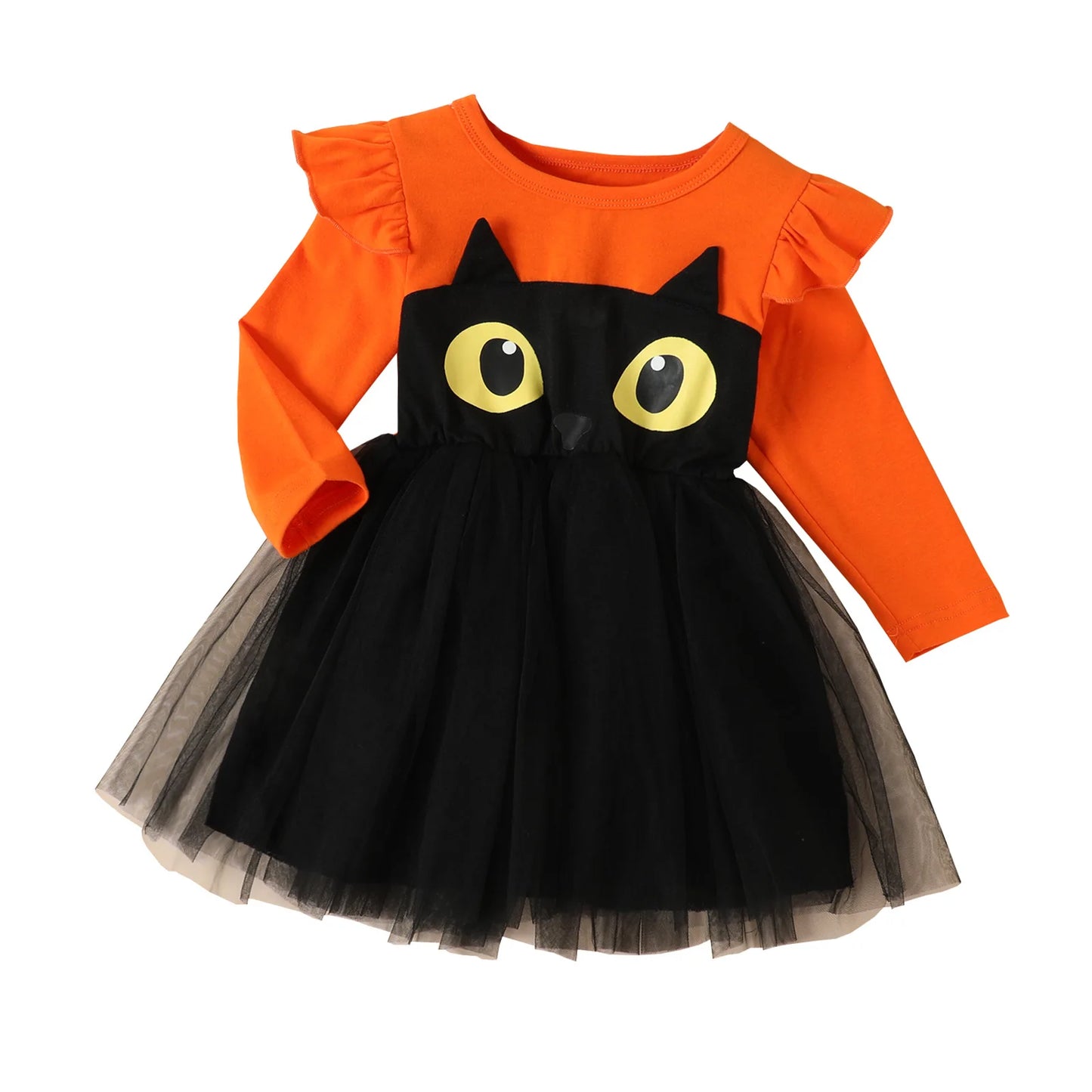 Halloween Kids Dress Girls Autumn Long Sleeve Cotton Cartoon Cat Print Tulle Skirt European American Style Party Costume Good Vibrations