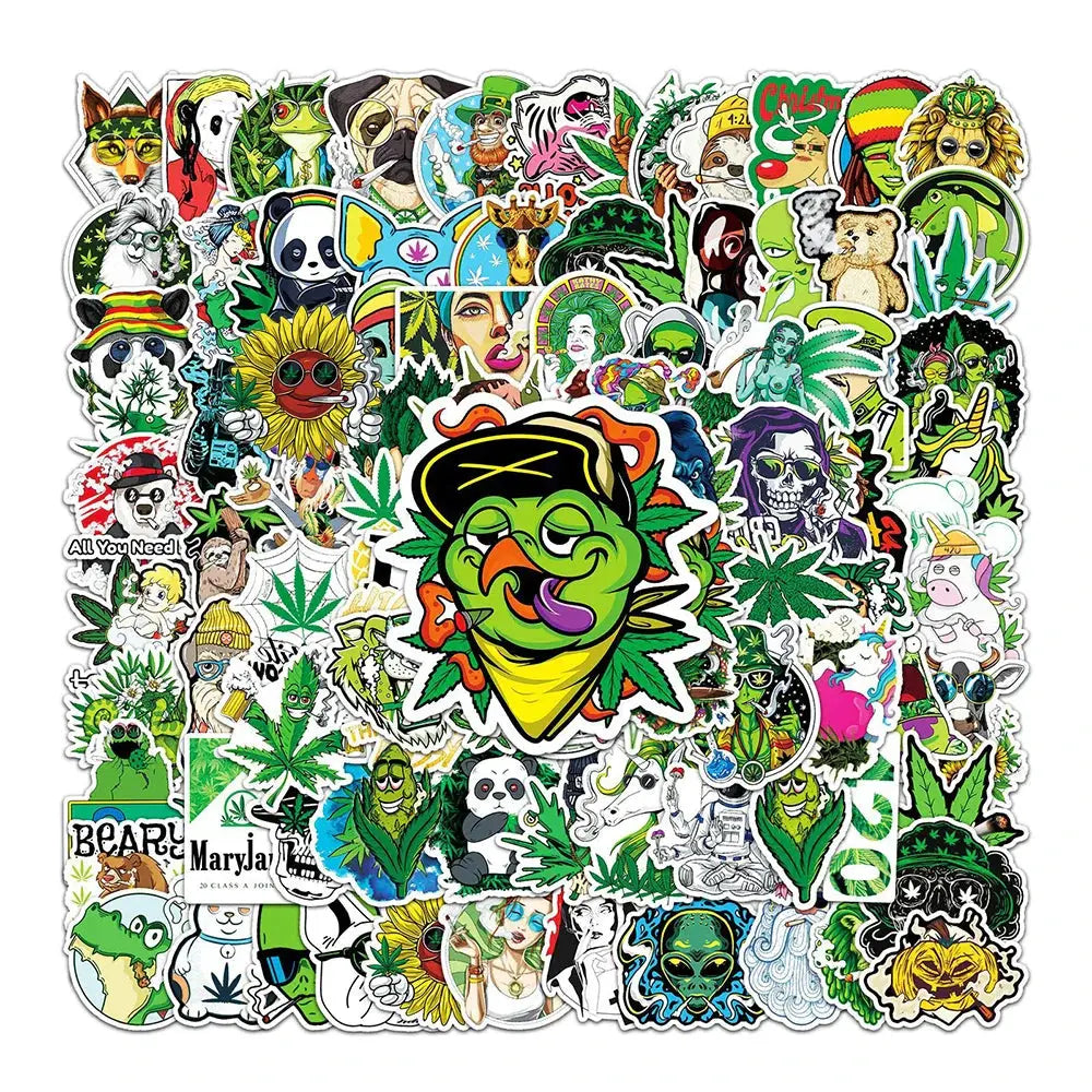 Funny smoking weed hemp leaf stickers set, waterproof cartoon decals for motorcycles, laptops, luggage, graffiti art.