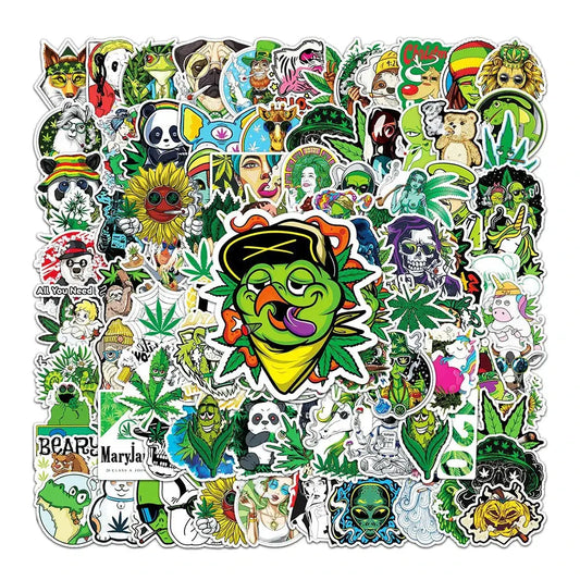 Funny smoking weed hemp leaf stickers set, waterproof cartoon decals for motorcycles, laptops, luggage, graffiti art.