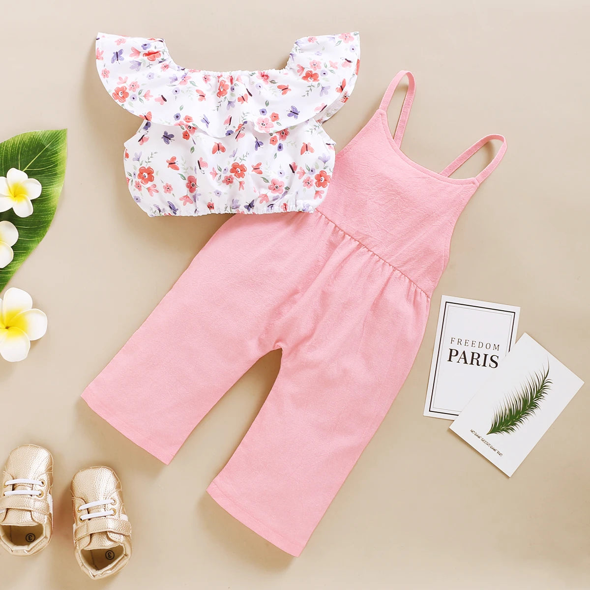 1-5Years Toddler Girl Clothes Set Floral Print Lotus Leaf Sleeve Top+ Suspender Pant Summer Fashion 2PCS Outfits for Kids Girl Good Vibrations