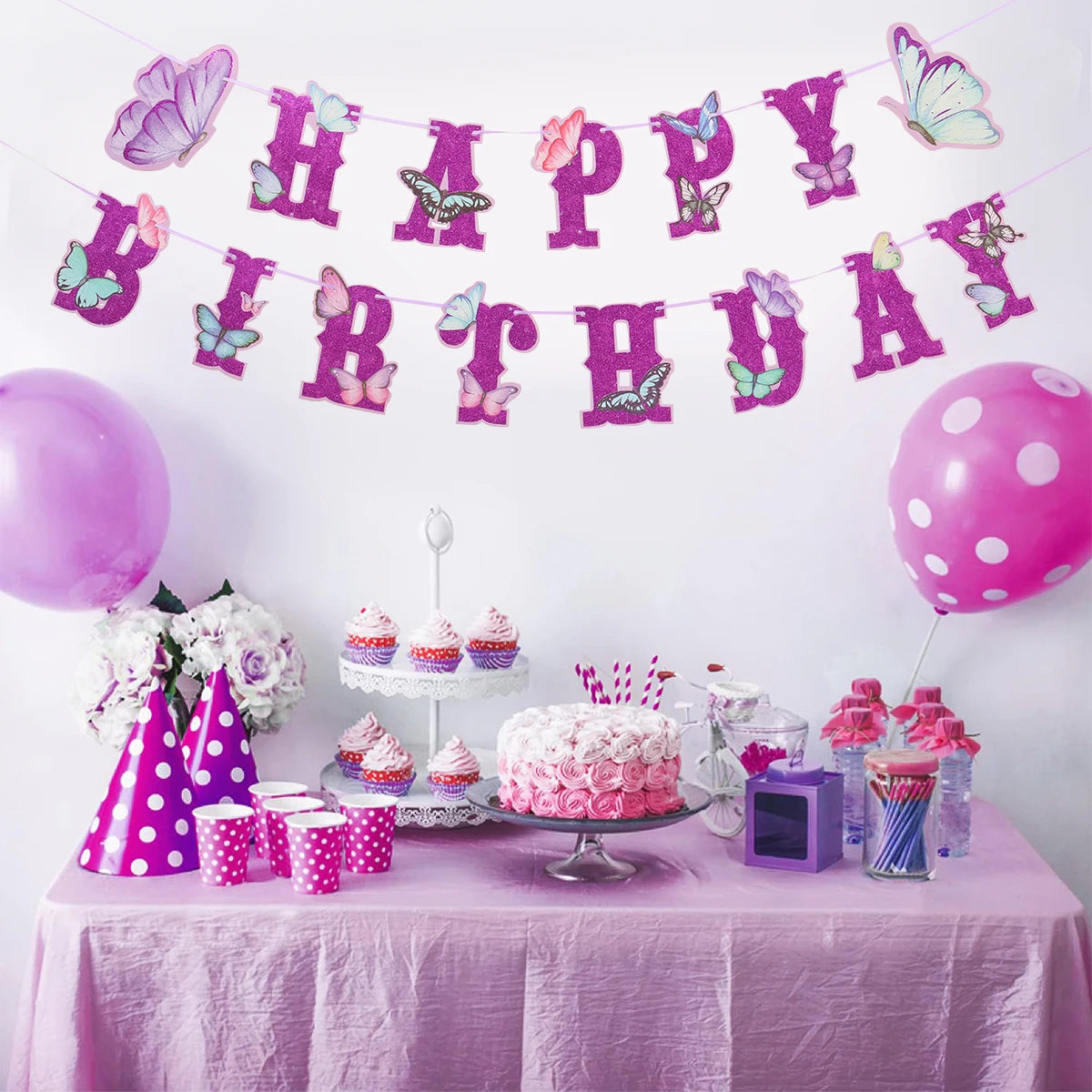 Pink Happy Birthday Banner With Butterfly Dancing Hanging Pendant Garlands  Girls Princess 1st Happy Birthday Party Decorations Good Vibrations