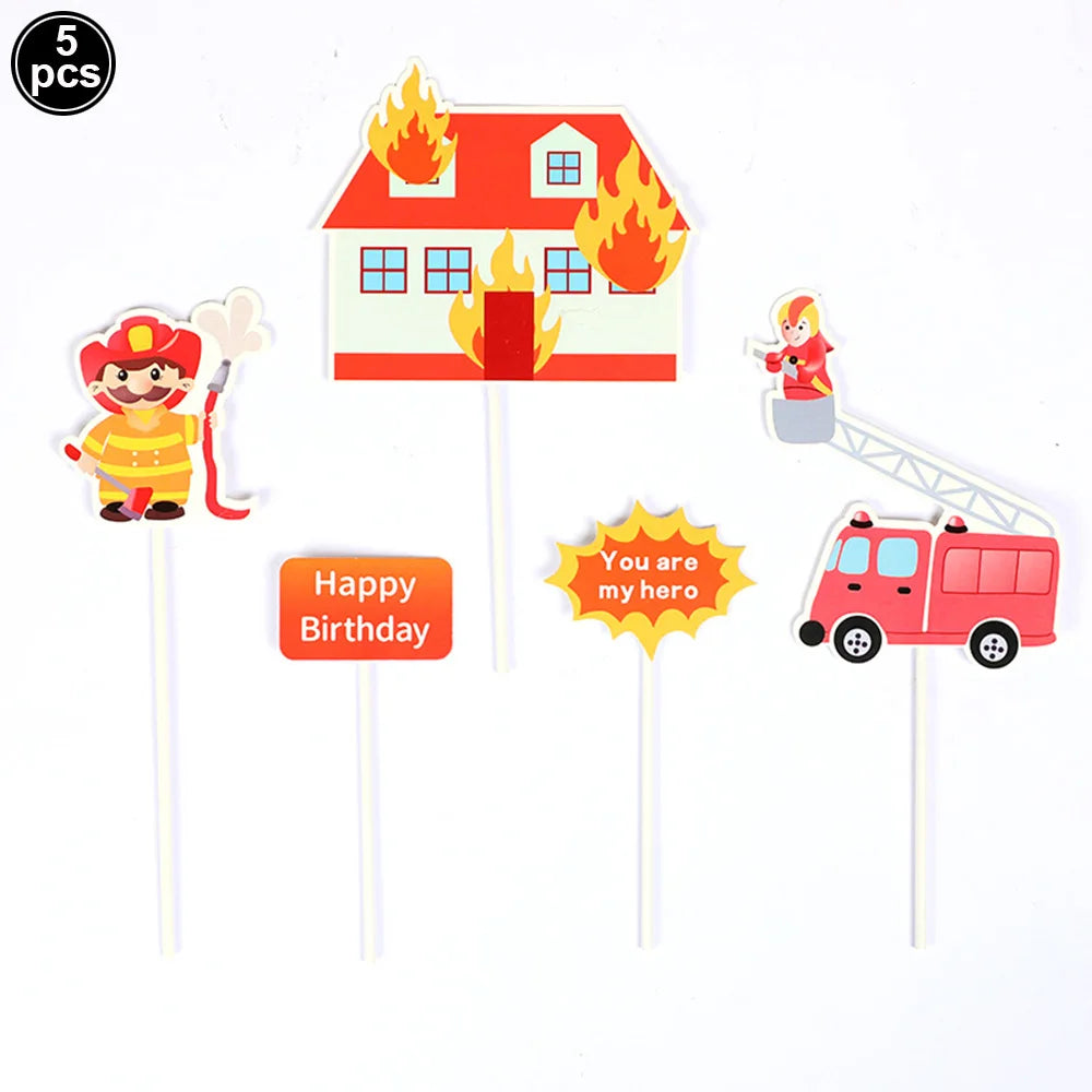 Fireman Cake Topper Cupcake Toppers Fire Hydrant Truck Firefighter Helmet Theme for Kids Boy Girl Happy Birthday Cake Decoration Good Vibrations