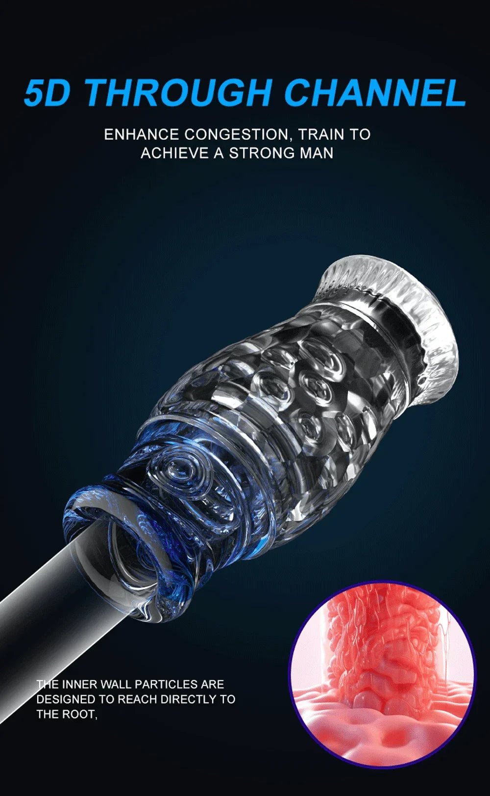 Male masturbator cup with 5D textured channel made of soft silicone in a transparent design.