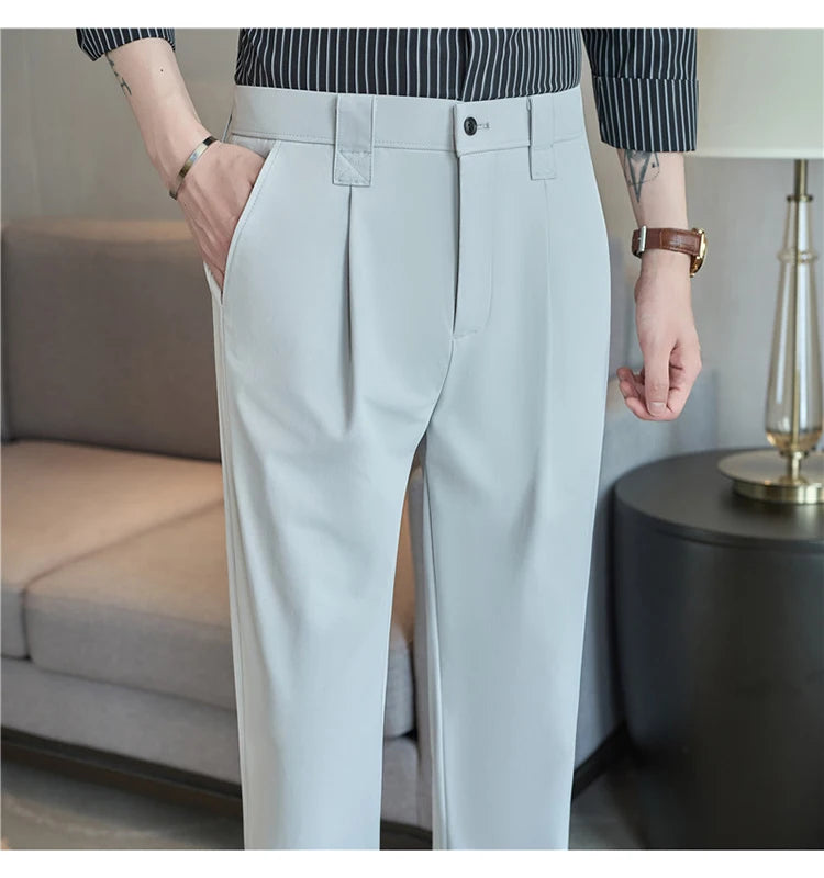 Men Straight Leg Suit Pants Summer Ice Silk Lightweight Elastic Waist Casual Loose Wide-leg Trousers Dress Pants Men Clothing