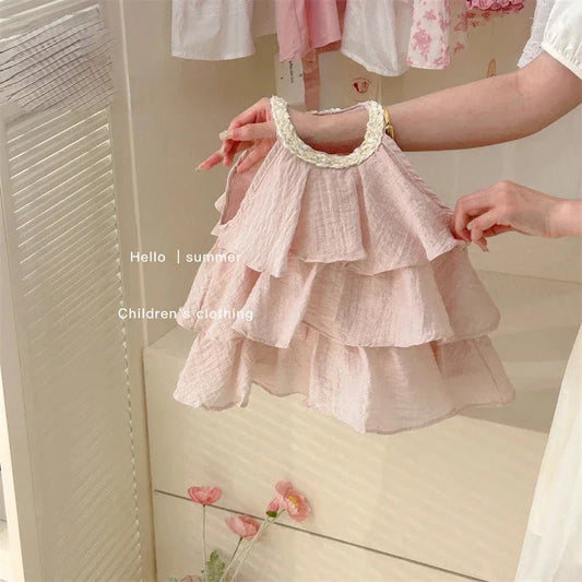 Girls Casual Dresses Summer New Children Clothing Sweet Vest Baby Cake 2024 Round Collar Fashion Soild Sweet Pink Good Vibrations