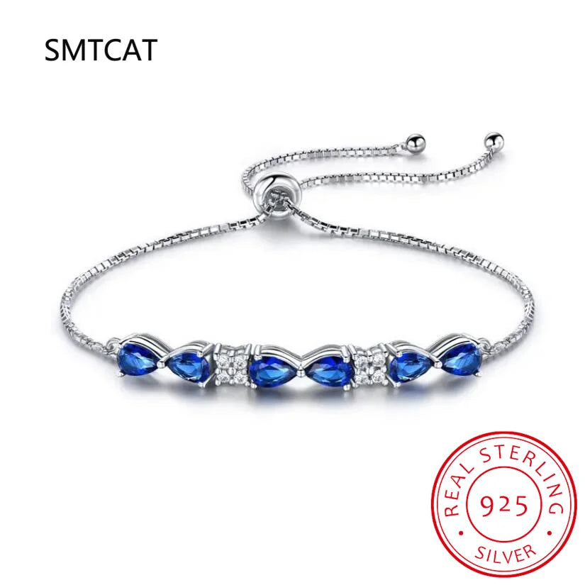 Pear Cut Blue Sapphire 925 Sterling Silver Bowknot Bracelet Adjustable for Women Statement Gemstone Jewelry Pulseiras De Prata Good Vibrations