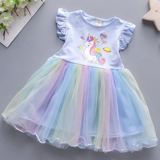 Girls Dress 2025 New Summer Princess Dresses Flying Sleeve Kids Clothes Unicorn Party Baby Dresses For Children Clothing 3-8Y Good Vibrations