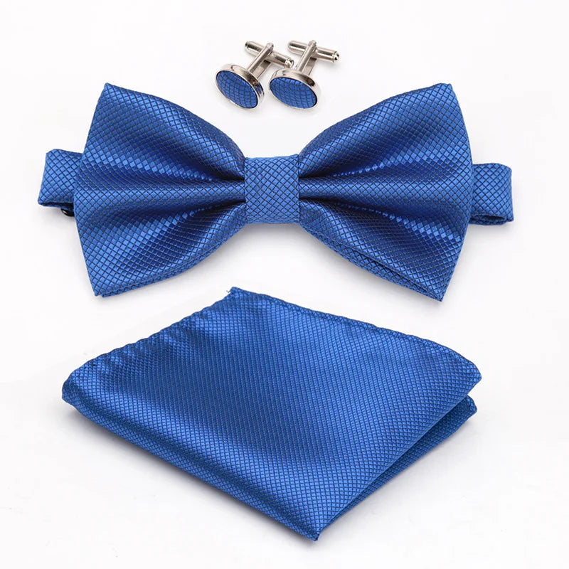 Men Bowtie Set 3pcs Plaids Classic Fashion Wedding Party Formal Cufflinks Bow Tie Handkerchief Cuff Links Lots Three Piece Set Good Vibrations