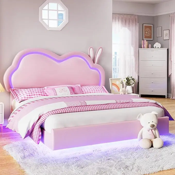 Jocisland Twin LED Bed Frame for Girls Upholstered Floating Bed with Cute Cloud Headboard, No Box Spring Needed, Leather, Pink Good Vibrations