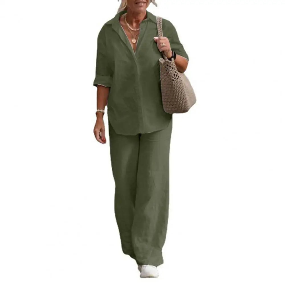 Two-piece Set Women Summer Suit Plus Size Cotton Linen Single-breasted Shirt Trousers Casual Top Wide Leg Pants Loose Outfits Good Vibrations