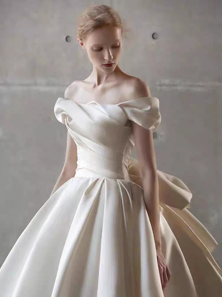 2025 Wedding Dress White Bride Satin Off The Shoulder Floor Length Elegant Strapless Big Bow Women Luxury Simple 원피스 웨딩드레스