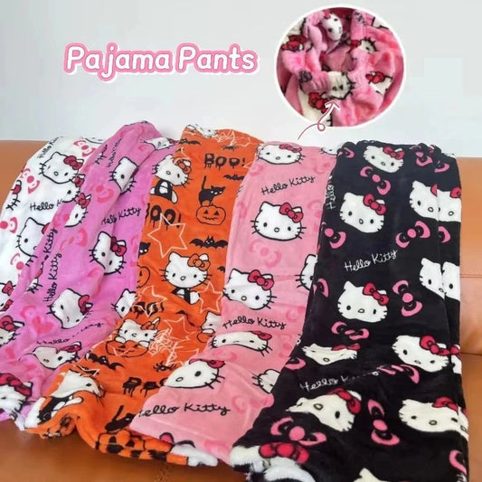 Colorful plush Hello Kitty pajamas pants with cute cartoon prints for women and couples sleepwear