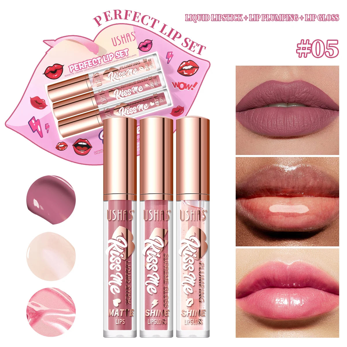 USHAS 3 Pcs/Set Lip Gloss Set, Matte and Glossy Lip Glaze Suit, 3 Different Colors in 1 Set, Perfect Gift for Girls&Women Good Vibrations