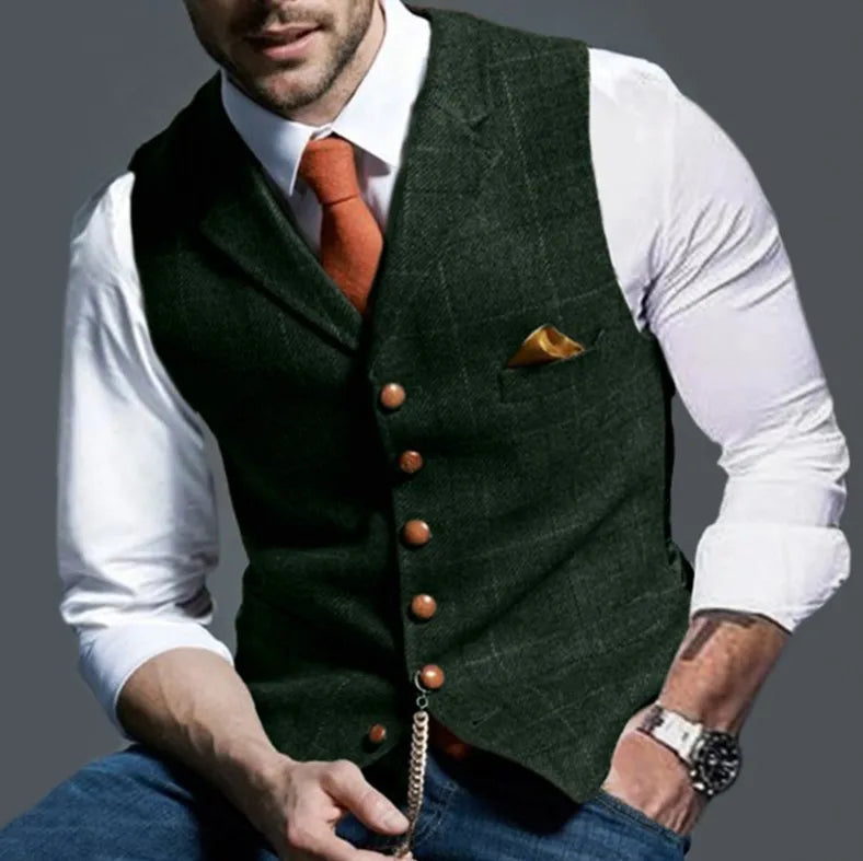 2025 Men's Formal Vests Lapel Tweed Plaid V-neck Waistcoat Slim Vest Business Formal Dress Suit Casual Wedding Tuxedo Male Vest Good Vibrations