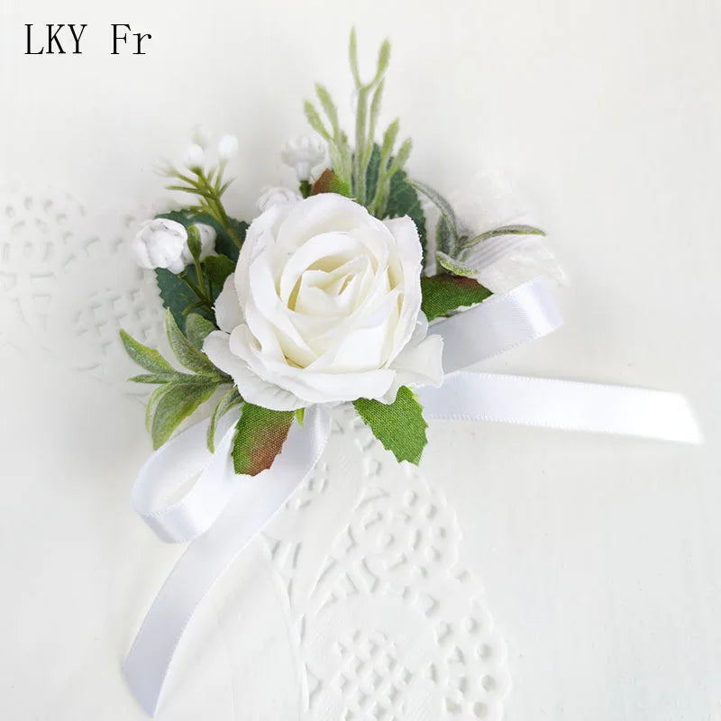 White Boutonniere Wedding Accessories Groom Buttonhole Wrist Corsage Brooch Flowers Artificial Silk Roses Bridesmaids Bracelets Good Vibrations