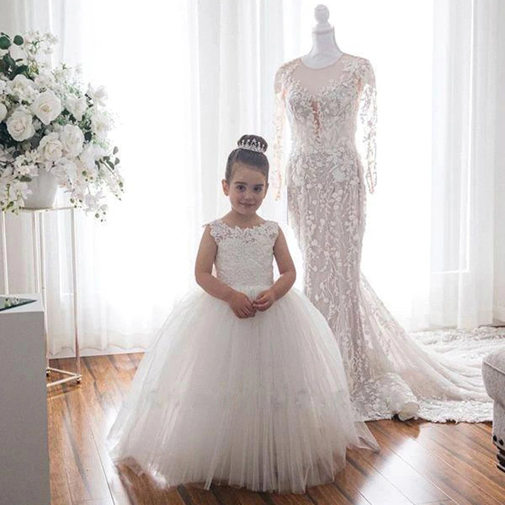 White Bridesmaid Dress For Girls Lace Big Bow Flower Girl Dresses Ball Gown Kids Wedding Party Pageant First Communion Gown Good Vibrations