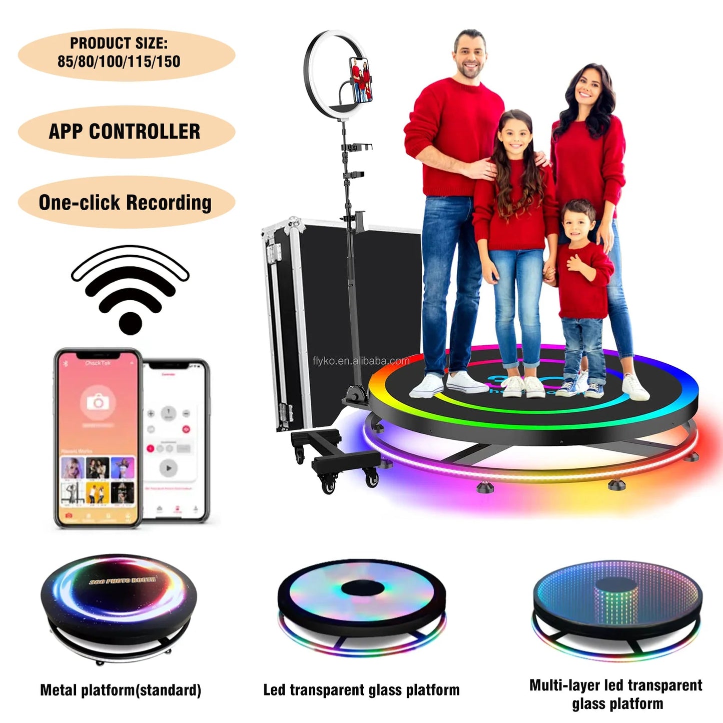 360 Photo Booth Machine 80-100cm with RGB Ring Light, Free Logo, rotating 360 Video Photo Booth for 1-5 People with Flight Case Good Vibrations