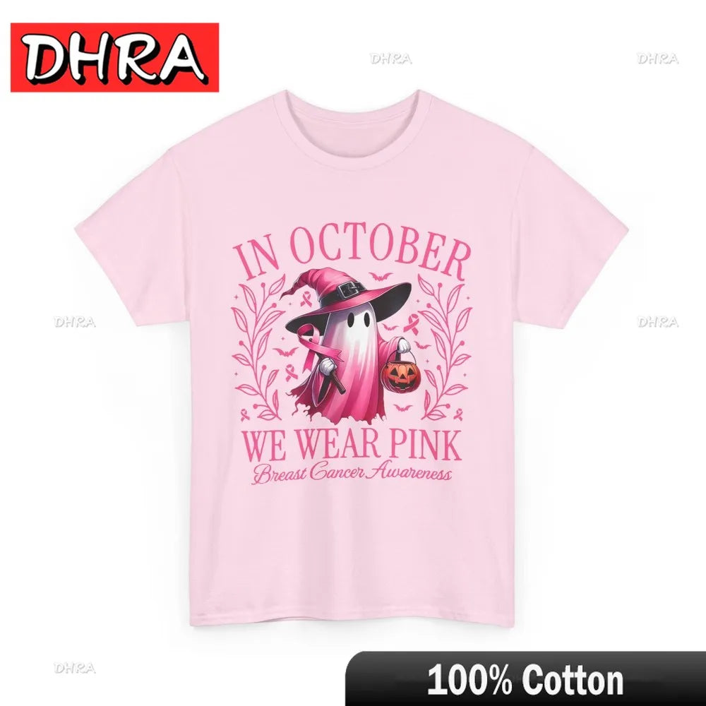 In October We Wear Pink Breast Cancer Awareness Halloween T-Shirt Creative Minimalist Cute Tee Y2K Compression Back To School Good Vibrations