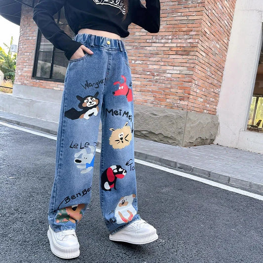New 2024 Teenage Girls Blue Street Cartoon Print Elastic Mid Waist Loose Denim Jeans Spring Fashion Children Cute Wide Leg Pants Good Vibrations