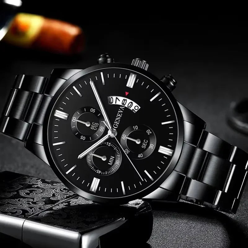 3PCS Men's Watch Set Business Trend Classic Round Dial Quartz Watch Bracelet Necklace Set Perfect Gift for Friends or Dad Good Vibrations