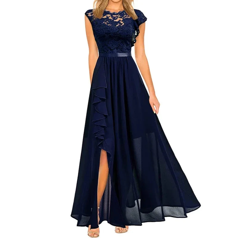 Harajuku Vintage Elegant Long Maxi Dress 2025 New Fashion High Waist Round Neck Party Wedding Dresses Spliced Lace Chiffon Dress Good Vibrations