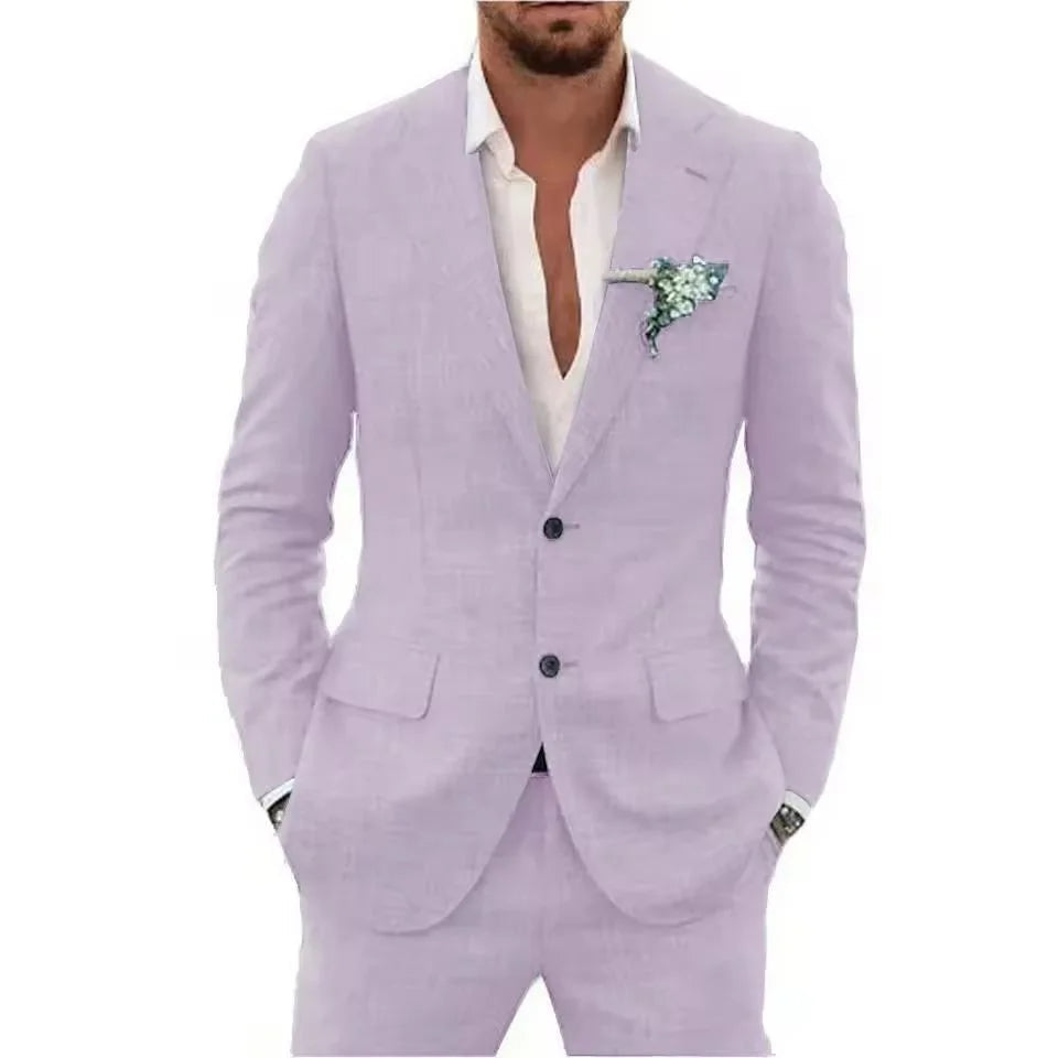 Summer Casual Linen Suit for Men 2 Pieces Blazer Pant Set Notched Lapel Formal Slim Fit Wedding Suit Prom Suits Groom Tuxedo Good Vibrations