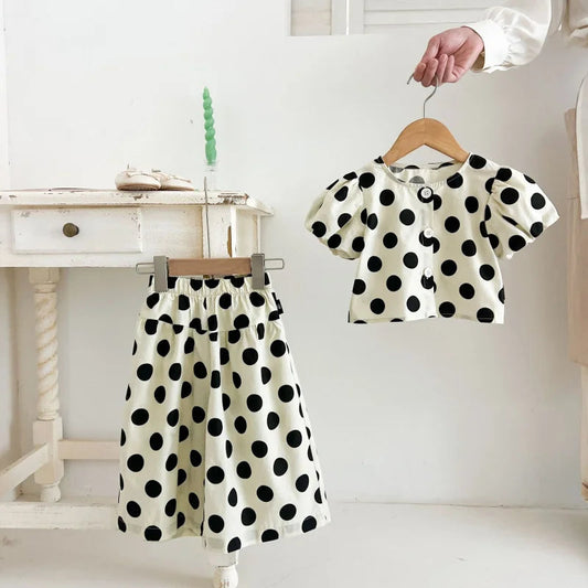 Korean-style new summer girls' outfit: round polka dot short top and loose wide-leg pants two-piece children's clothing set Good Vibrations