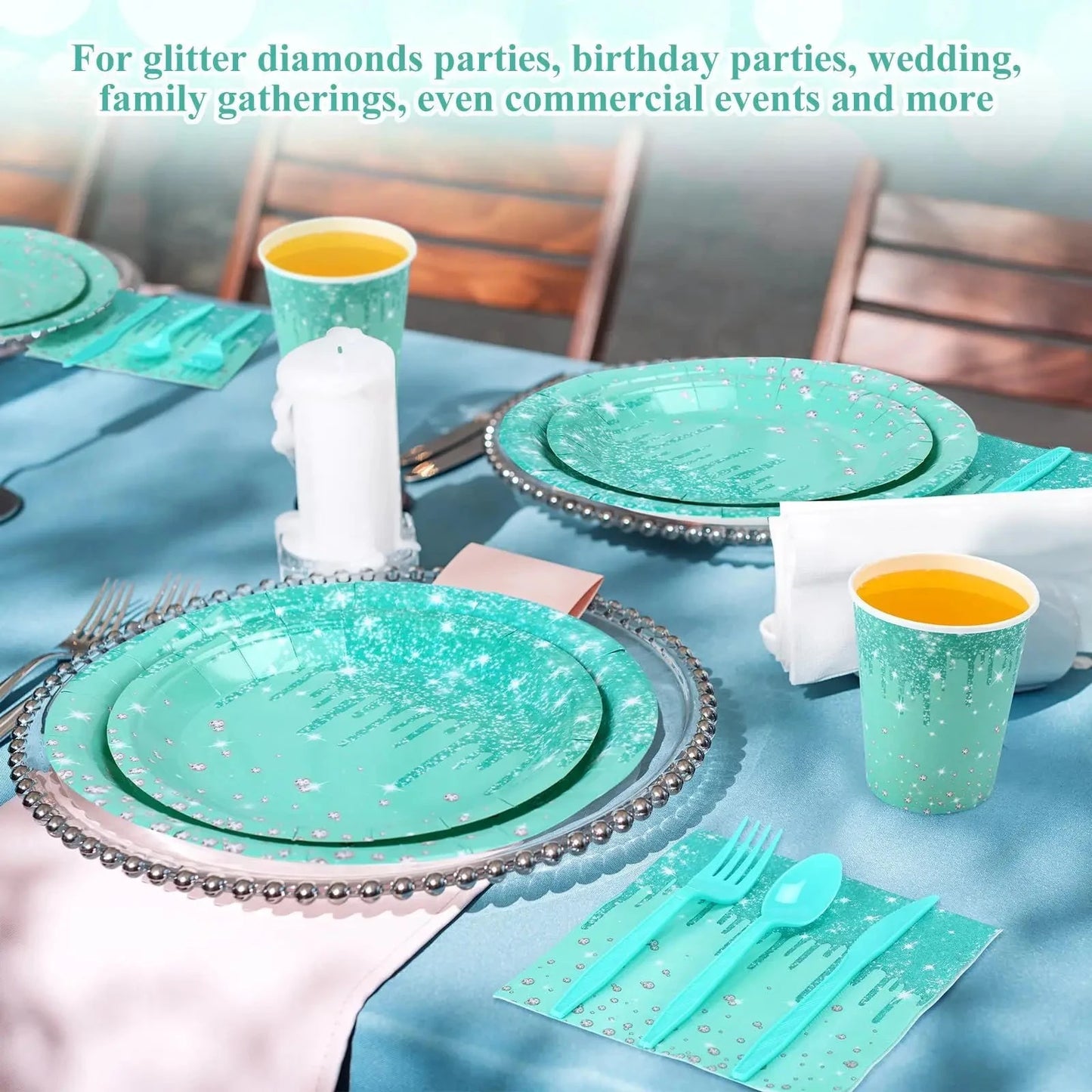 25PCS Paper Disposable Tableware Set Blue Green Glitter Plates Napkins & Cups for Ladies Birthday, Anniversary & Wedding Party Good Vibrations