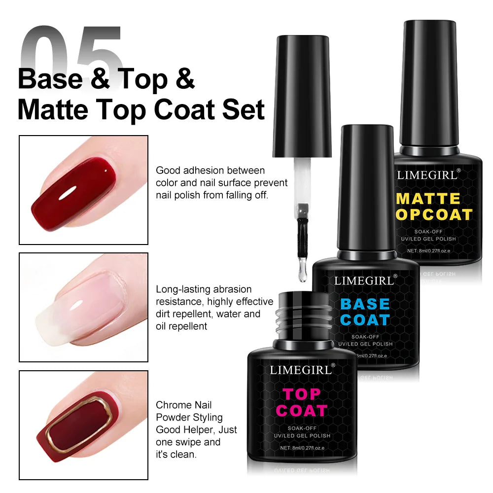 LIMEGIRL 8ml Soak Off Matte Top Base Coat for Nails UV Gel Polish Semi Permanent Functional Manicure Top Base Coat Varnish Good Vibrations