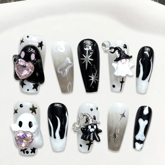 Handmade Press on Nails Cute White Ghost 3D Crystal Decor False Nails Full Cover Wearable Sweet Cool Girls Halloween Fake Nails Good Vibrations