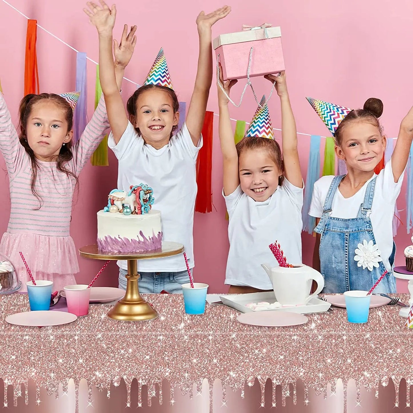 Pink Rose Gold Wedding Party Supplies Tablecloth for Kid Disposable Table Cover Favor Cartoon Story Birthday Festival Decoration Good Vibrations