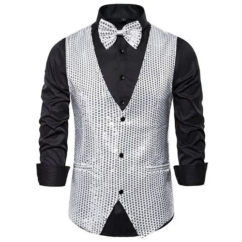 Gold Men's Sequin Vest Jacket, Single-breasted V-neck Sleeveless Vests Coat, Wedding Party Waistcoat Silver Blue Purple Red Tops