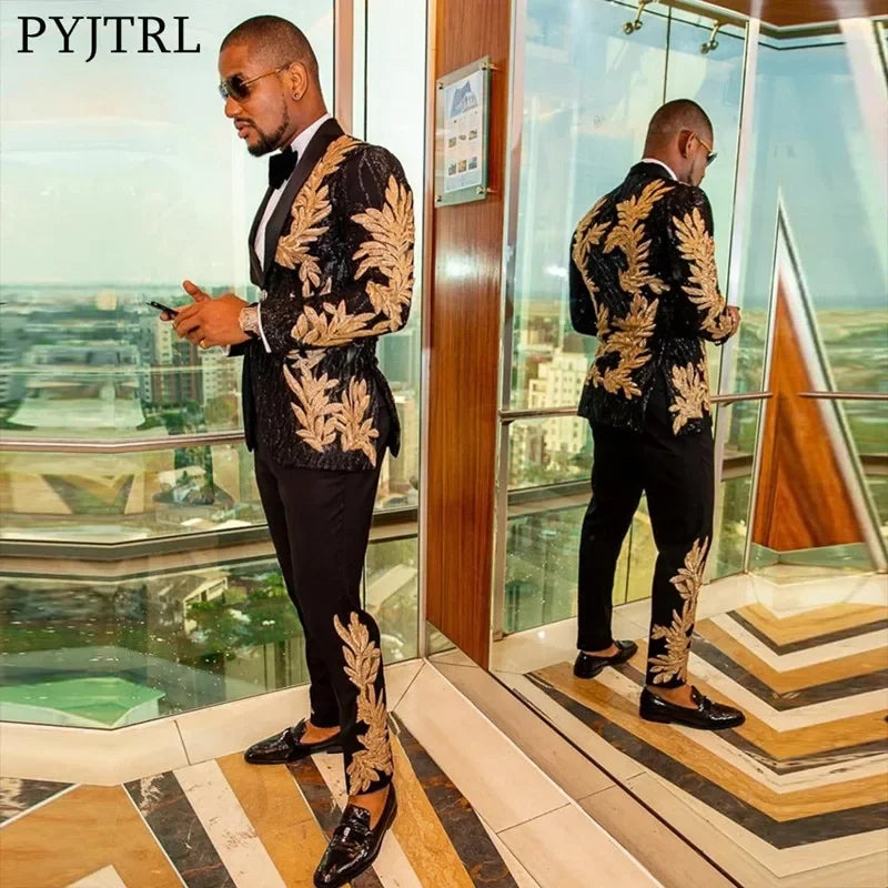 Men's Gold Sequin Applique Fashion Trend Suit Set High-Quality Casual Jacket And Western Pants Two-Piece Ensemble Good Vibrations