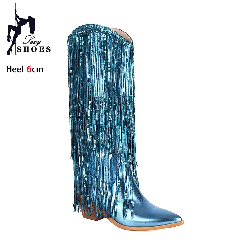 Women Western Fringe Boot 2024 New Cowgirls Blue Sequin Glitter High Heels Nightclub Club Shoes Woman Stage Show Mid-Calf Boots Good Vibrations